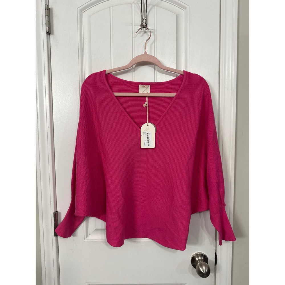 Kerisma Ryu V Top Hot Pink Dolman Sleeve Ribbed Knit Sweater G550V S/M NEW